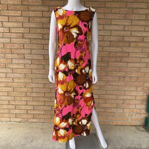 60s 70s Hukilau Fashions Barkcloth Hawaiian Dress Size 12 Sleeveless MOD Floral